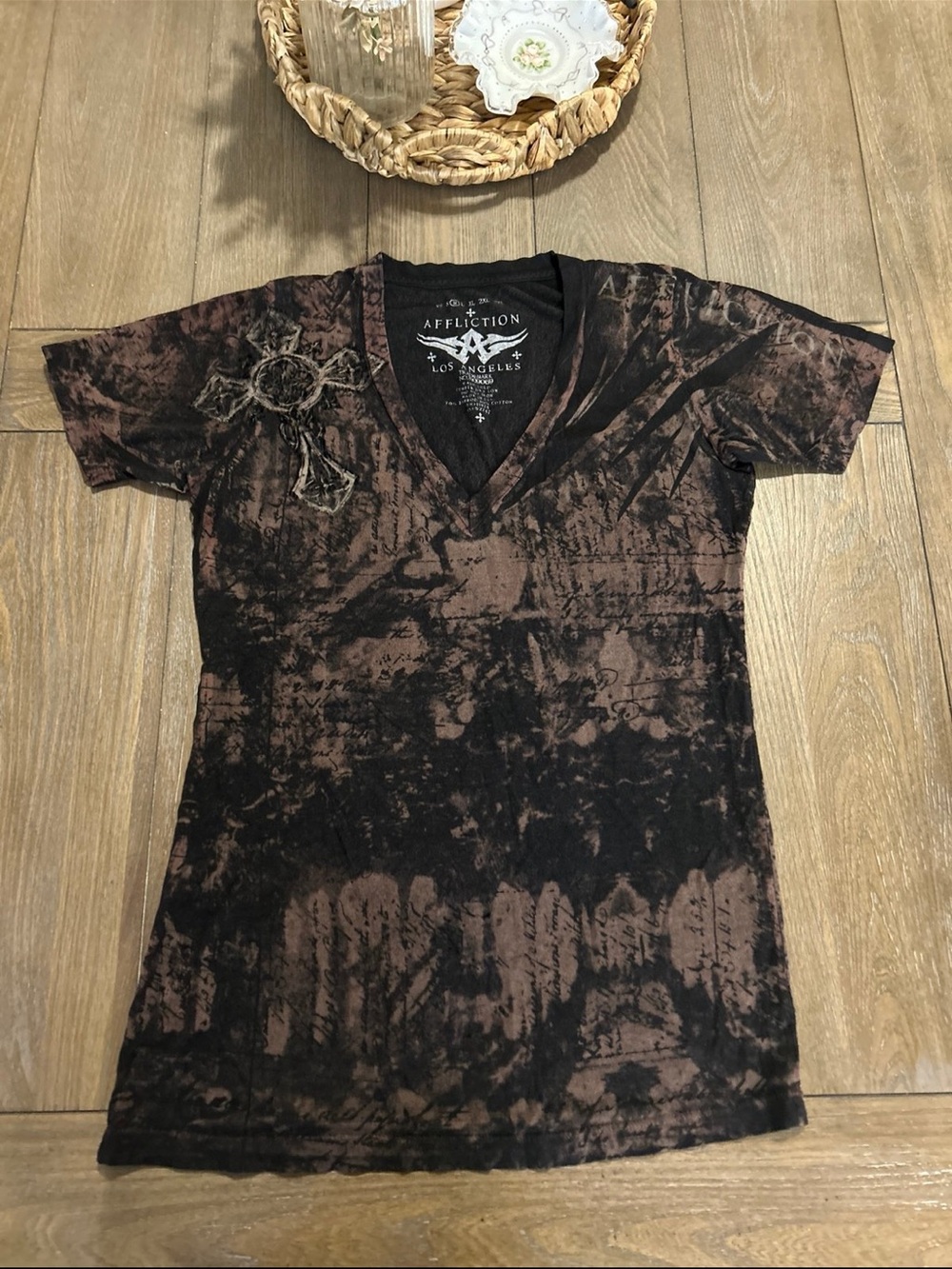 Affliction Women's Brown & Black Distressed V-Neck Graphic Tee